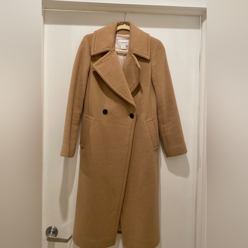 Club Monaco camel double breasted wool coat